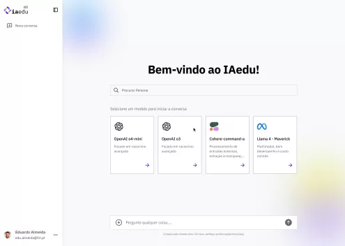 Tela inicial da plataforma IaEdu com opções de aprendizado organizadas em cartões.